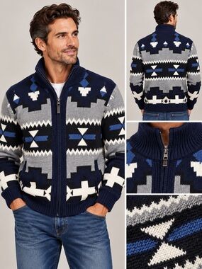 Towncraft Navy, Gray & White Geo Zip-Up Sweater